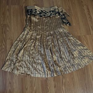 Norma Walters Vintage Gold Black Striped Silk Pleated Midi Skirt Belted Sash Set